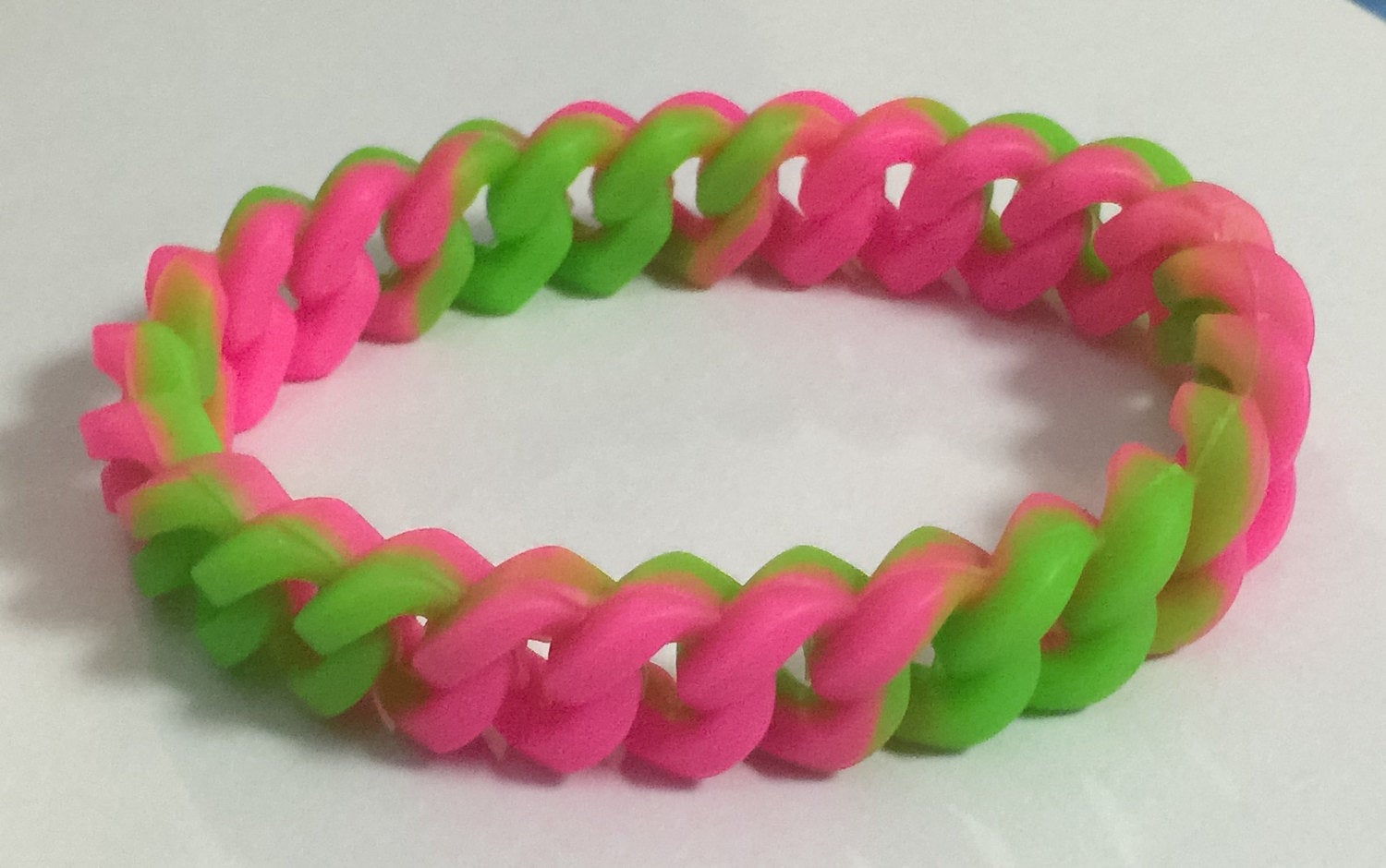 Silicone Curb Link Bracelet - Neon Pink and Green