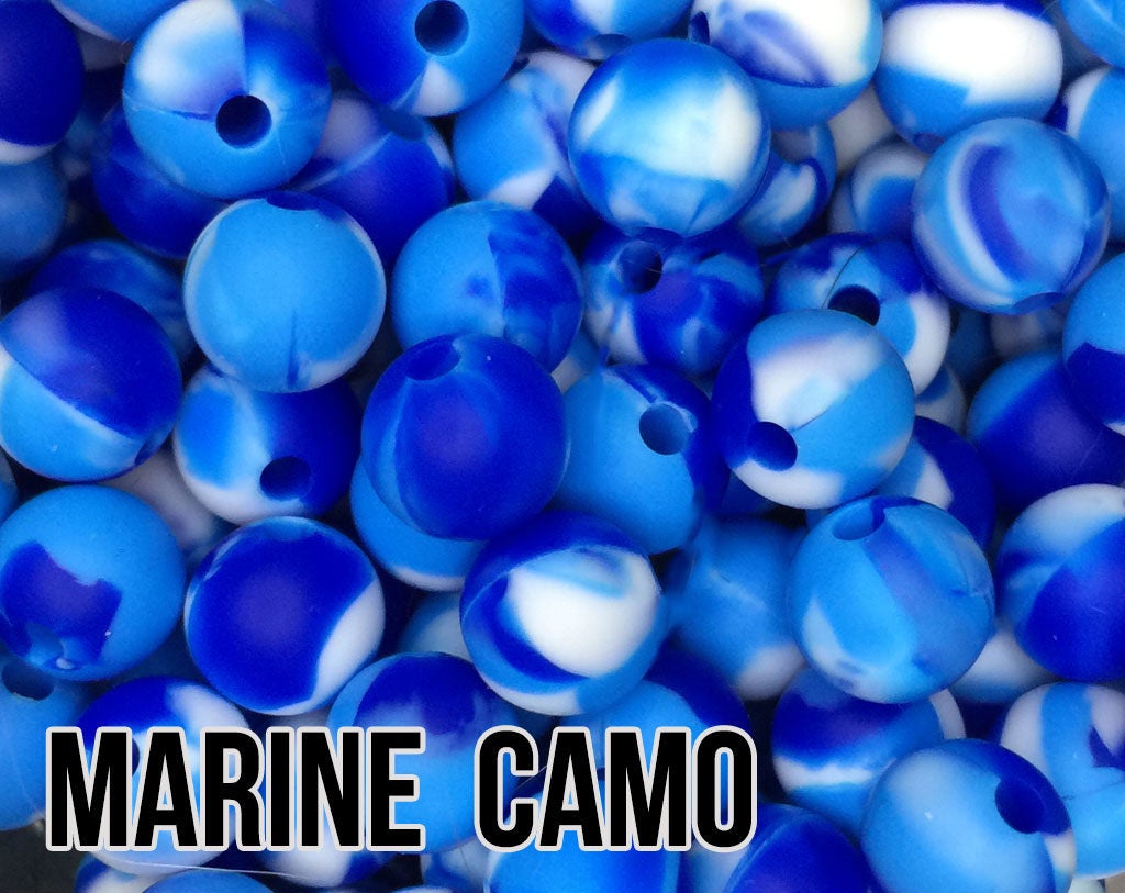 15 mm Round Marine Camo Silicone Beads  (blue, ocean, white)