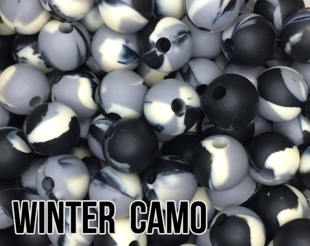 15 mm Round Winter Camo Silicone Beads  (black, grey, ivory)