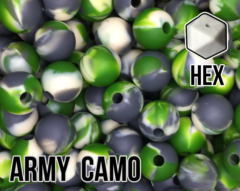 17 mm Hexagon Army Camo Silicone Beads (green, grey, ivory)