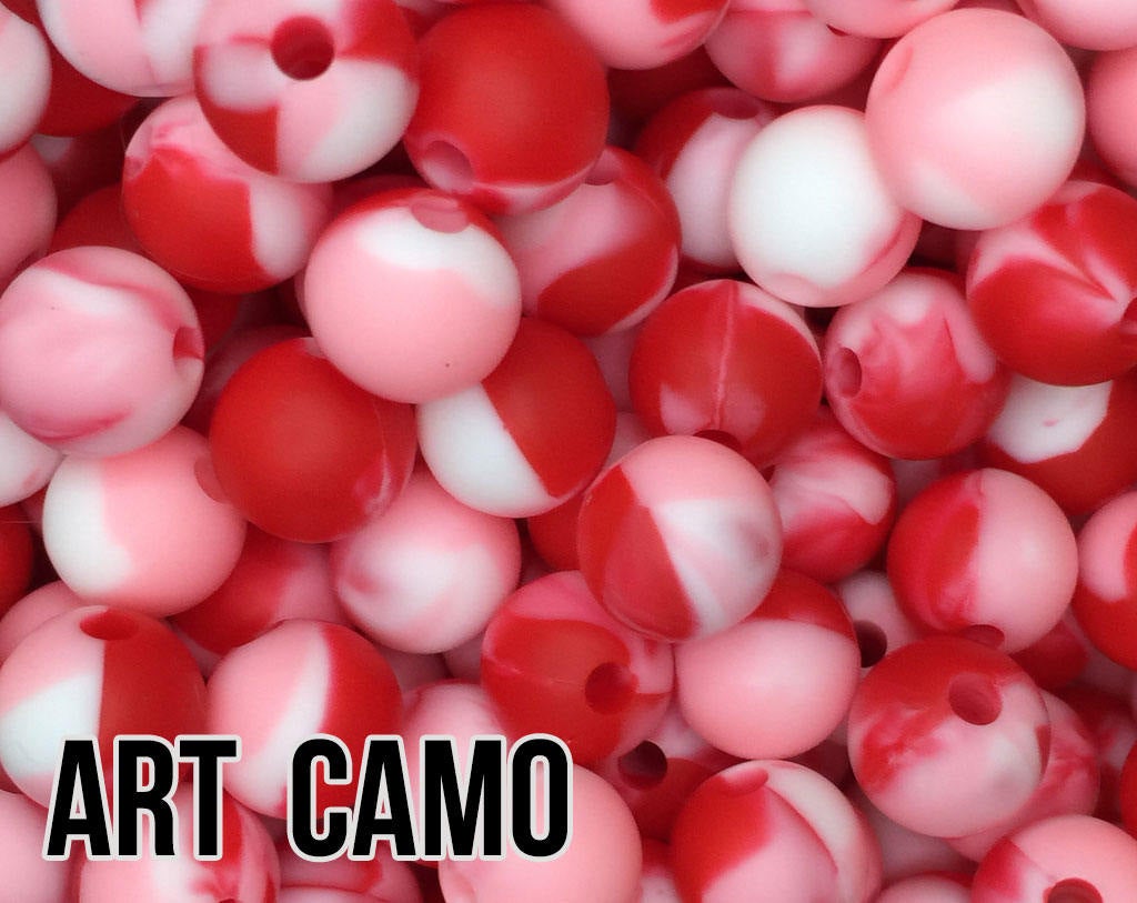 12 mm Round  Round Art Camo Silicone Beads (red, white, pink)