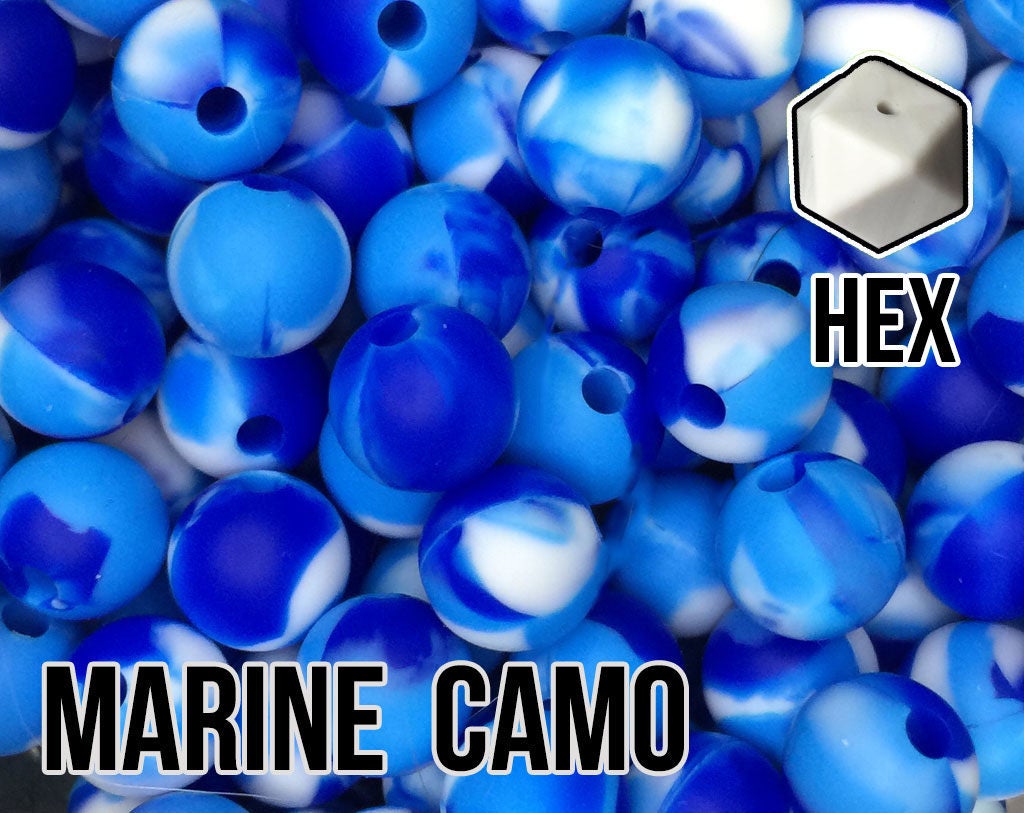 17 mm Hexagon Marine Camo Silicone Beads (blue, ocean, white)