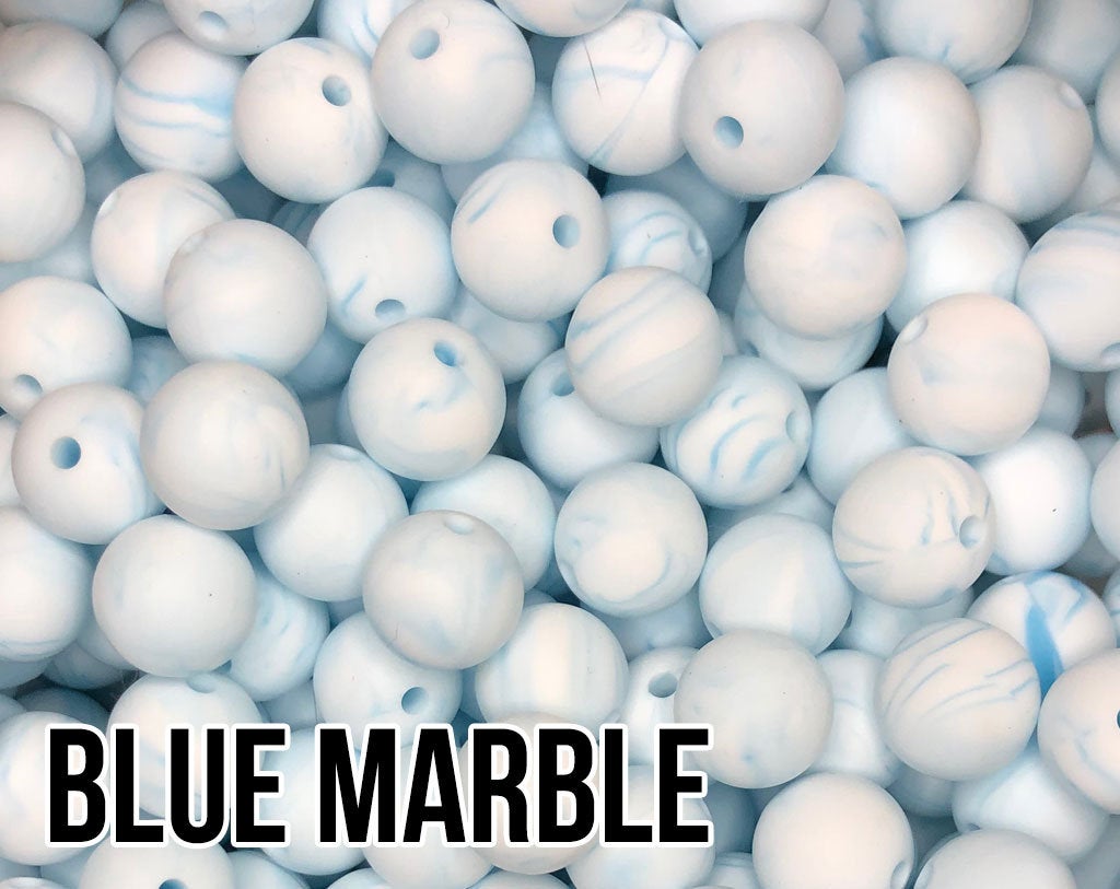 15 mm Round Blue Marble Silicone Beads  (aka Sky, Powder, Light Blue)