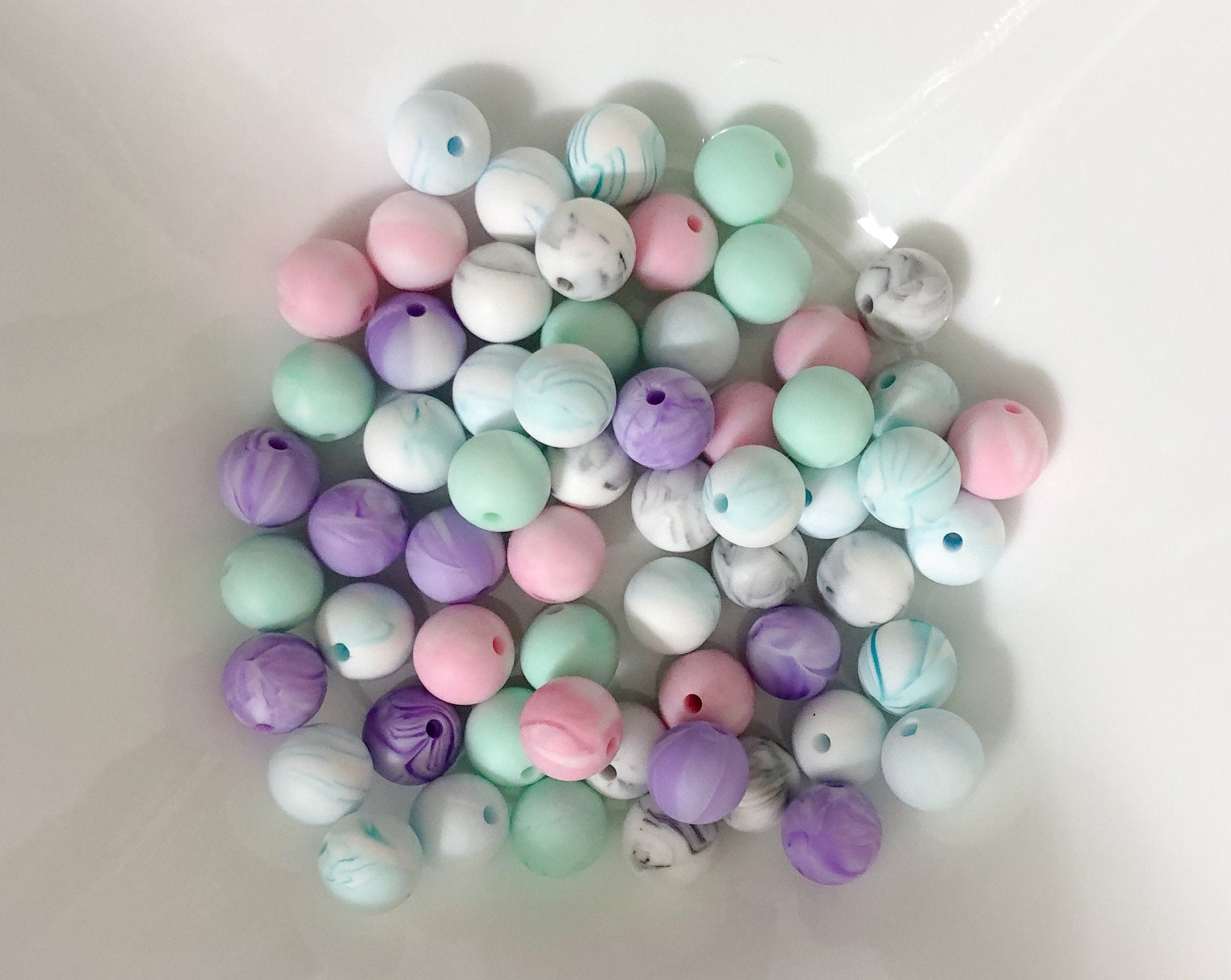 60 Bulk Silicone Beads - Marble Mix - Pink, Mint, Teal, Blue