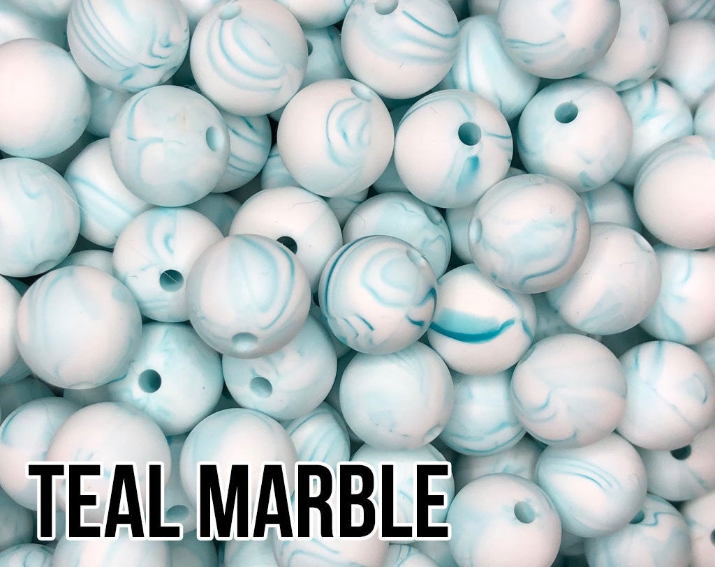 9 mm Round  Round Teal Marble Silicone Beads (aka Scuba, Turquoise)