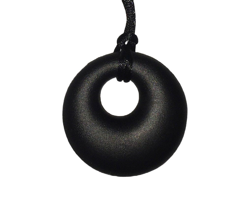 Silicone Pendant Necklace --  A 2 1/8" black silicone circular pendant; for fidgeting, sensory play, or teething.