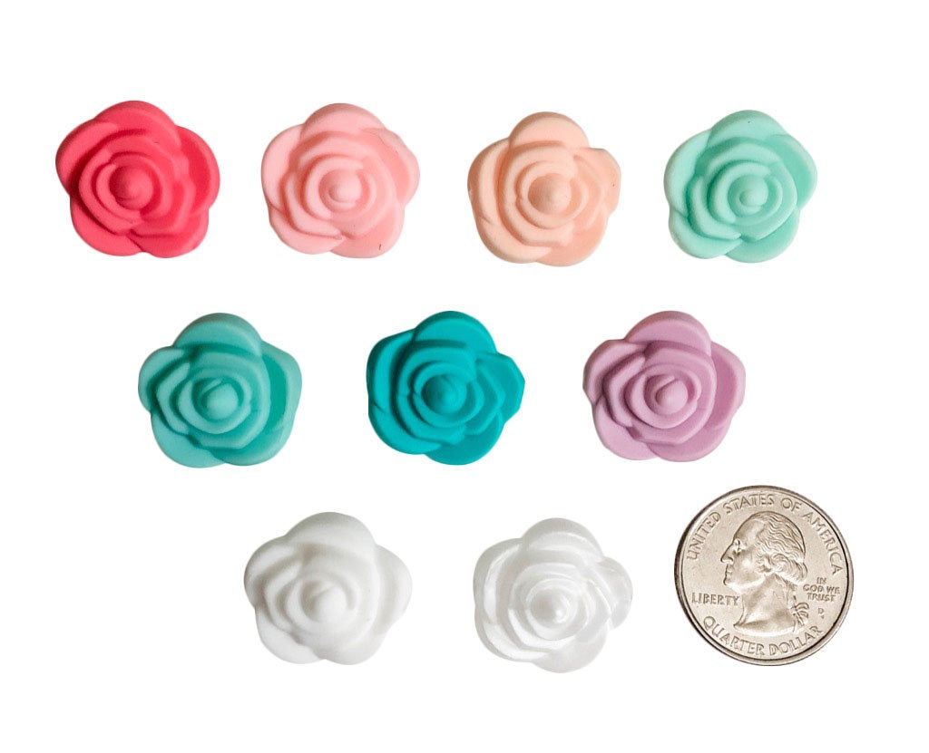 Mini Flower / Rose Silicone Beads - White - Metallic White - 3D Flower