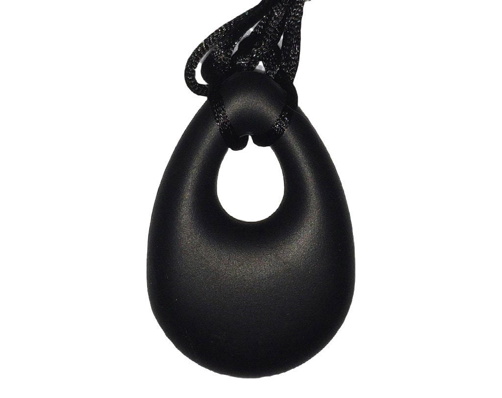 Silicone Pendant Necklace -- 3 7/8" x 2" black silicone teardrop pendant; for fidgeting, sensory play, teething.