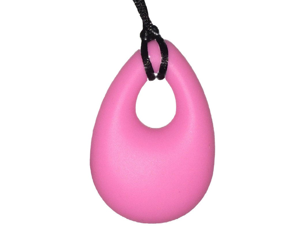 Silicone Pendant Necklace -- 3 7/8" x 2" pink silicone teardrop pendant; for fidgeting, sensory play, teething.