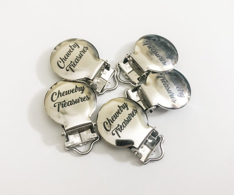 Shiny Metal Round Pacifier Clip with or without Engraving - Circle Pacifier Chain Clasp - Engravable Clips