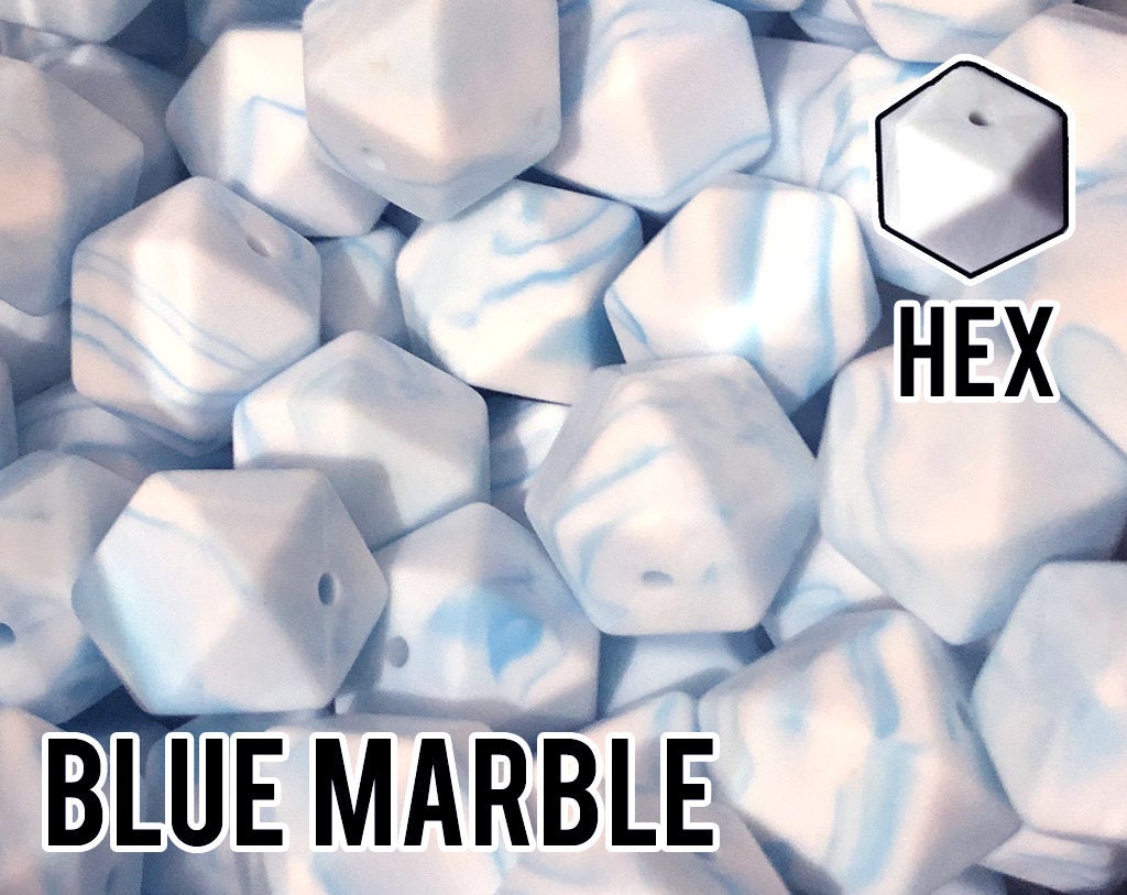17 mm Hexagon Blue Marble Silicone Beads (aka Sky, Powder, Light Blue)