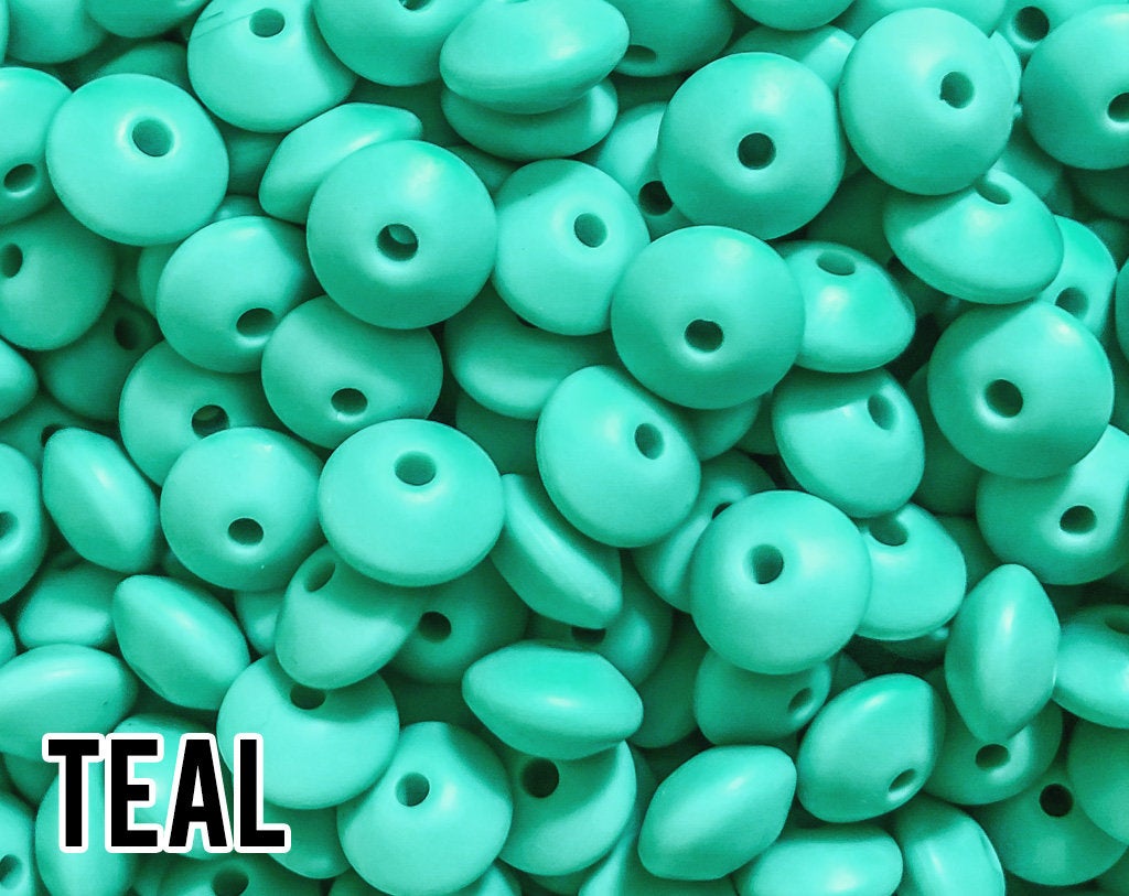 Small Abacus Lentil Saucer Silicone Beads in Teal - 12 mm x 7 mm
