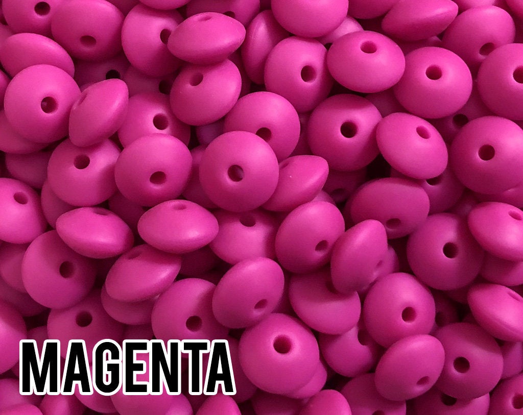 Small Abacus Lentil Saucer Silicone Beads in Magenta - 12 mm x 7 mm