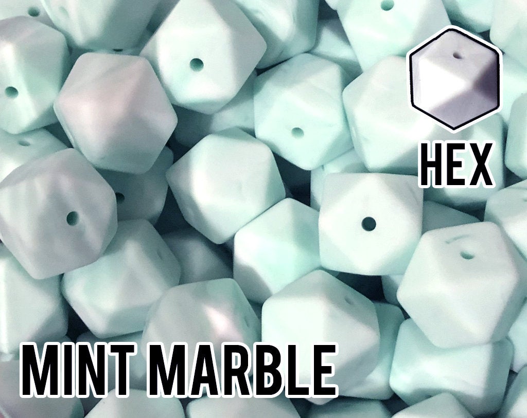 17 mm Hexagon Mint Marble Silicone Beads (aka Green, Minty, Pastel)