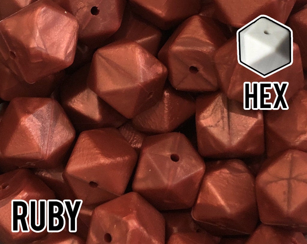 17 mm Hexagon Ruby Silicone Beads (aka Metallic Scarlet Red)