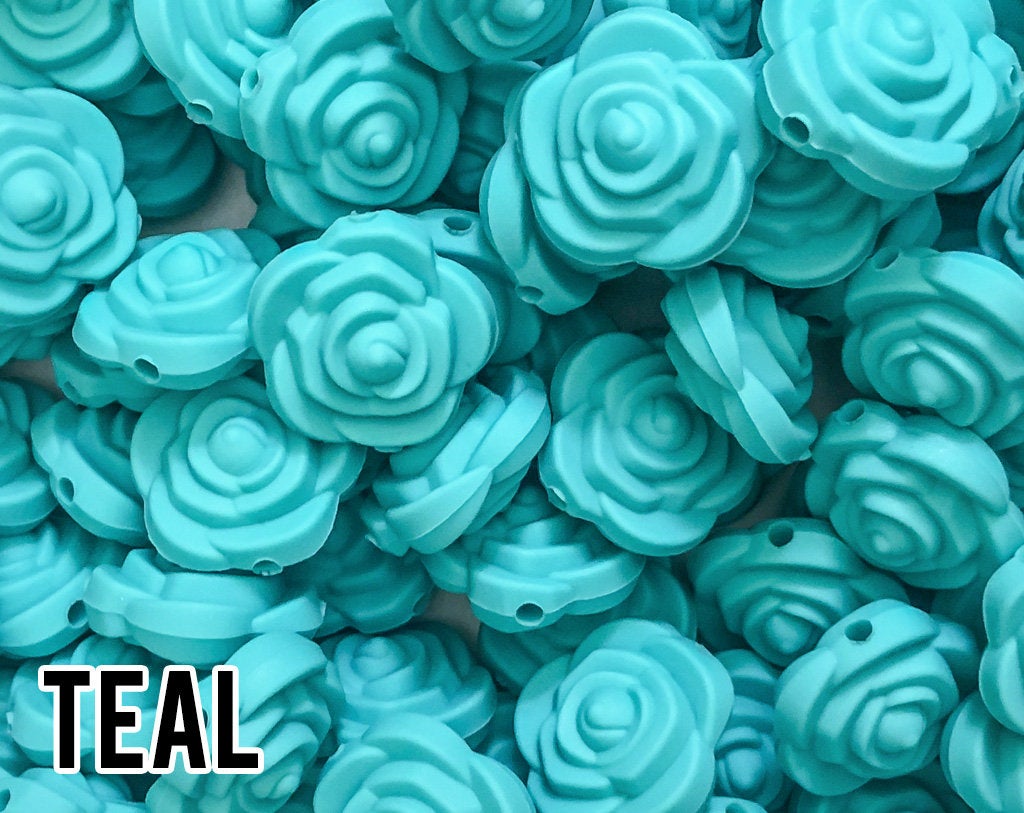 Mini Flower / Rose Silicone Beads - Teal - 3D Flower