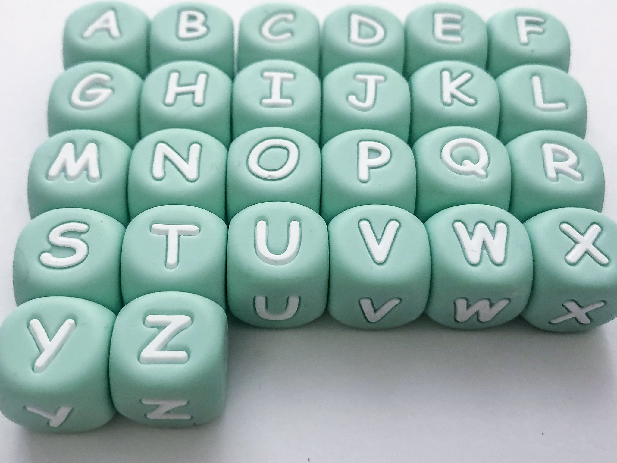 Mint Green - A-Z Silicone Alphabet Cube Beads - 12 mm square – Tesla Baby