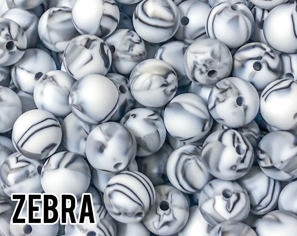 9 mm Round  Zebra Silicone Beads 5-100 (aka Animal Print, Black and White Striped) - Bulk Silicone Beads Wholesale - DIY Jewelry