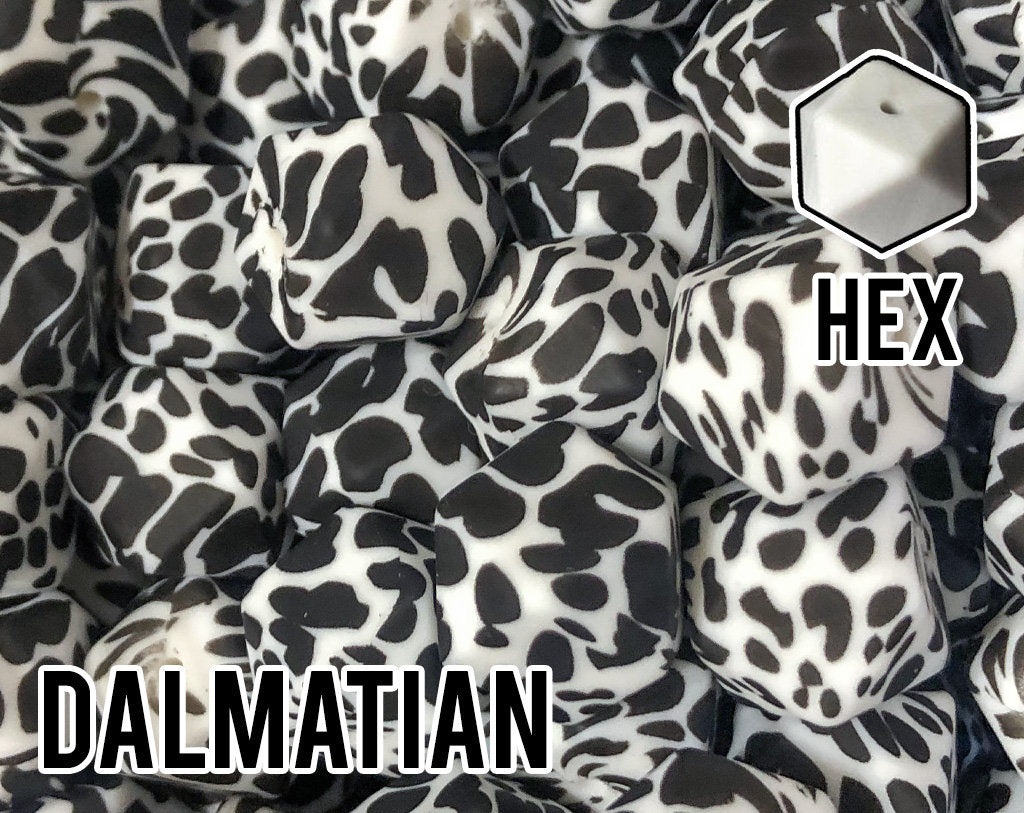 17 mm Hexagon Dalmatian Silicone Beads (aka Cow Print, Black Spots, Spotted)