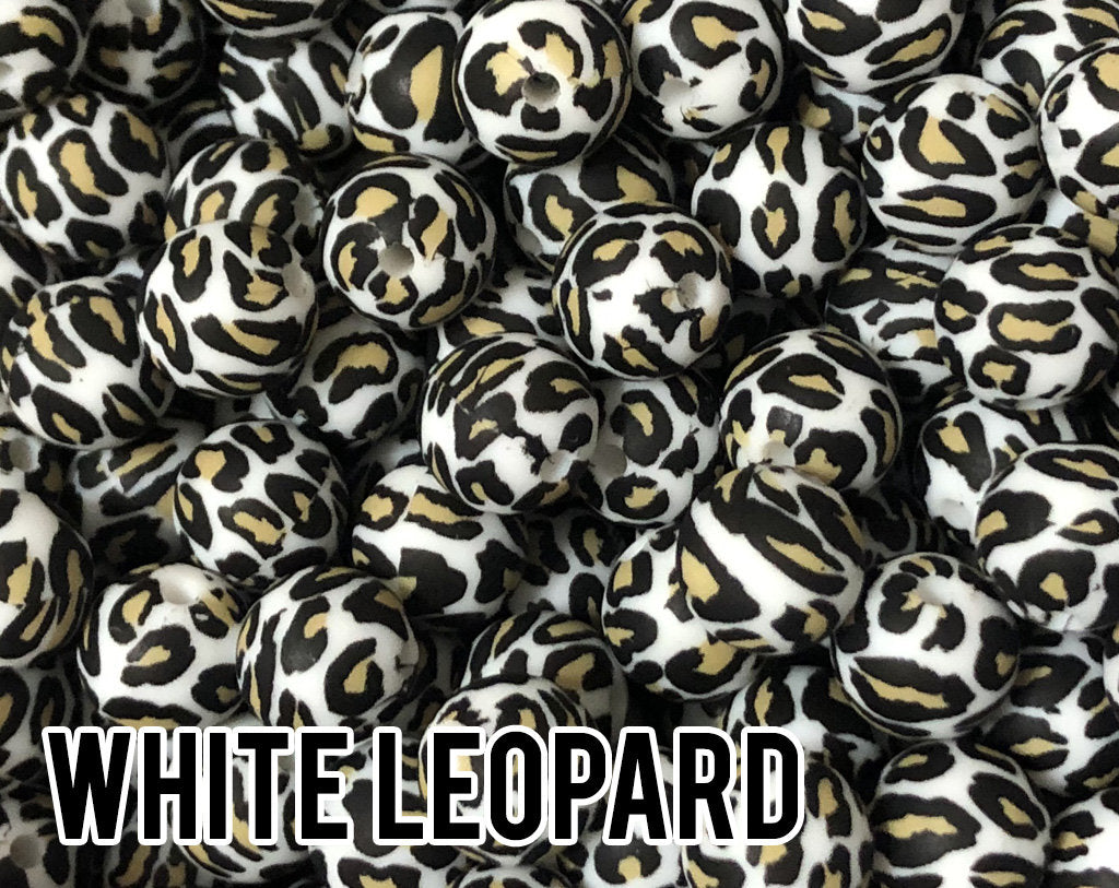 12 mm Round  White Leopard Silicone Beads (aka Animal Print)