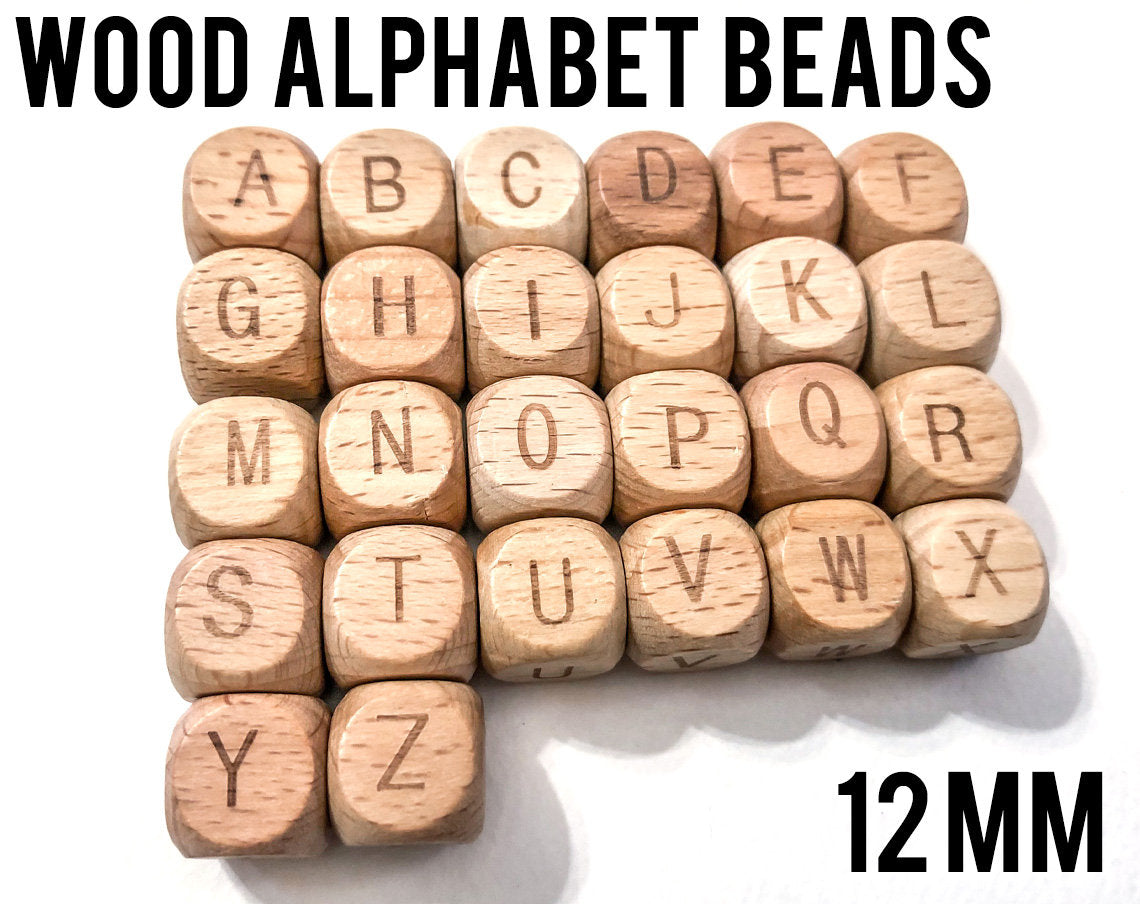 12 mm Wood A-Z Alphabet Cube Beads