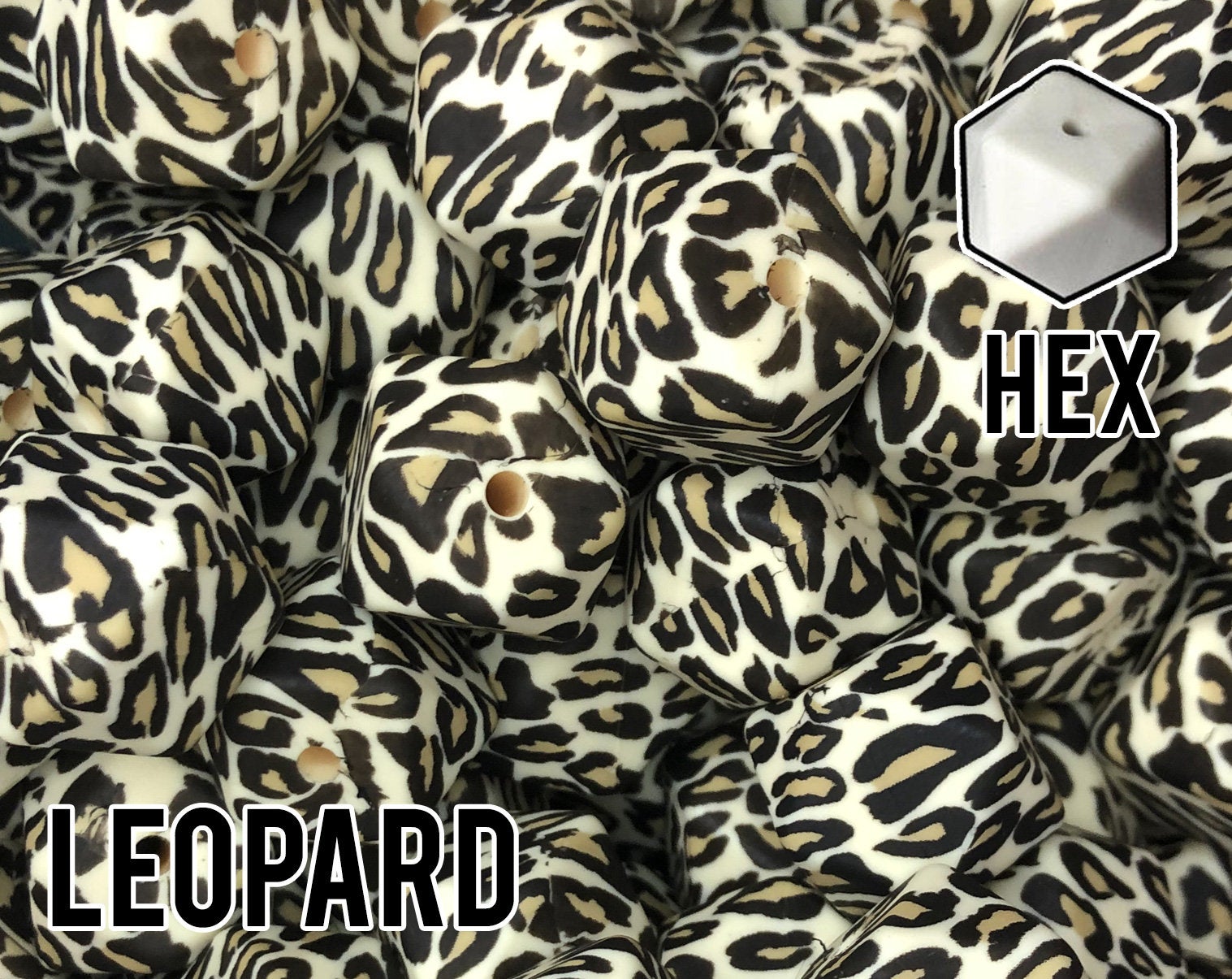 17 mm Hexagon Ivory Leopard Silicone Beads 5-100 (aka Animal Print) Geometric Bead - Bulk Silicone Beads Wholesale - DIY Jewelry