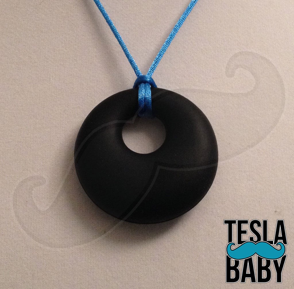 Silicone Pendant Necklace --  A 2 1/8" navy silicone circular pendant; for fidgeting, sensory play, or teething.