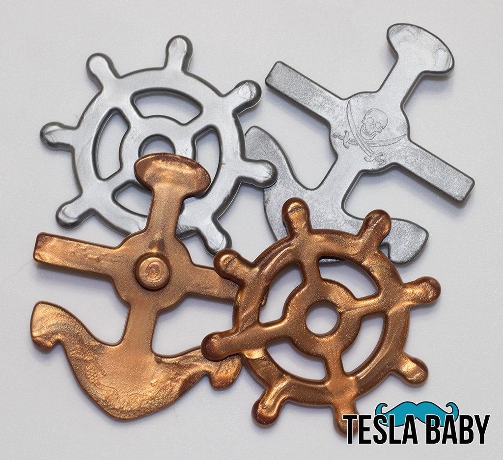Silicone Teether - Wheel and Anchor in Bronze and Silver - Silicone Teething, Silicone Teether, Teething Pendant