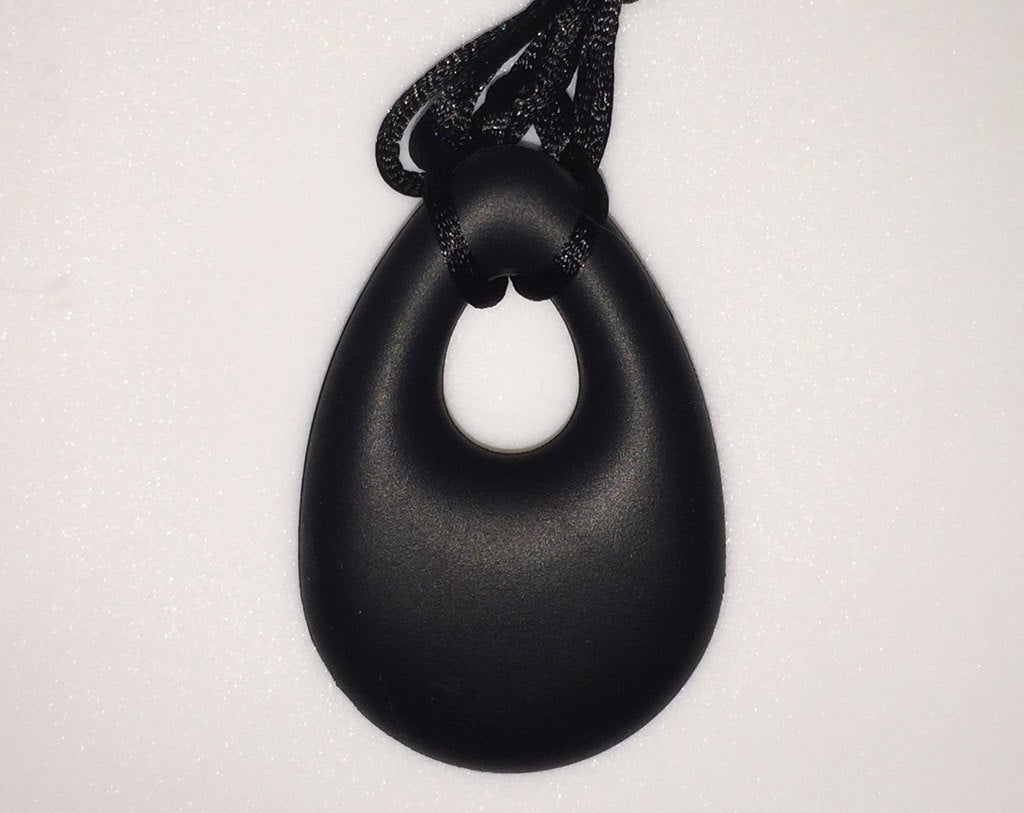 Silicone Pendant Necklace -- 3 7/8" x 2" black silicone teardrop pendant; for fidgeting, sensory play, teething.